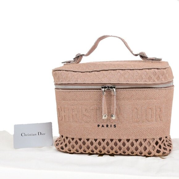 CHRISTIAN DIOR Logo Vanity Mesh Hand Bag Canvas Leather Pink Italy 660SJ156